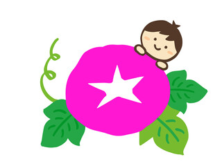 かわいい夏の朝顔と男の子と女の子の人物／手書きイラスト