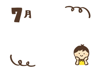 かわいい男の子と7月文字のフレーム／手書き文字イラスト