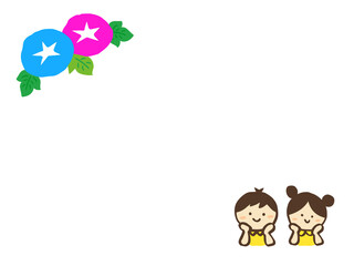 かわいい夏の朝顔と男の子と女の子の人物／手書きイラスト