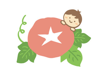 かわいい夏の朝顔と男の子と女の子の人物／手書きイラスト