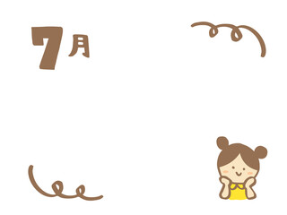 かわいい女の子と7月文字のフレーム／手書き文字イラスト