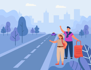 Man and woman hitchhiking on road flat vector illustration. Tourists with backpack thumbing up, trying to catch car. Travel, trip, transportation concept