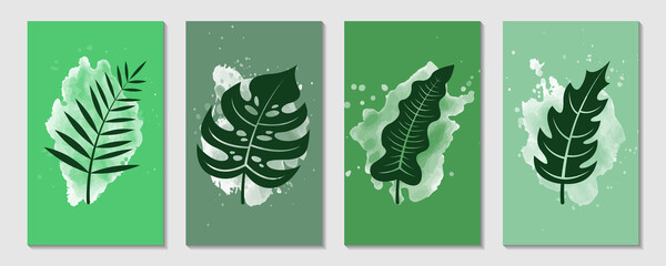 Set of creative minimalist illustration of green leaves blending with watercolor for wall decoration, poster or postcard