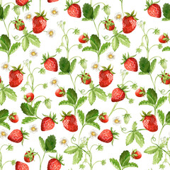 Seamless watercolor pattern with strawberries in green and red for backgrounds, prints and textiles