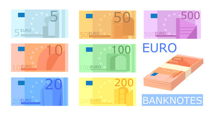 Different colorful euro banknotes vector illustrations set. 5, 10, 20, 50, 100 and 200 euros in cash, money of Europe isolated on white background. Money, banking concept - obrazy, fototapety, plakaty