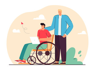 Volunteer helping man in wheelchair flat vector illustration. Disabled person using laptop and social media. Help, inclusion, accessibility concept for banner, website design or landing web page
