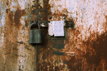 Old rusty padlock on metal door background . Copy space