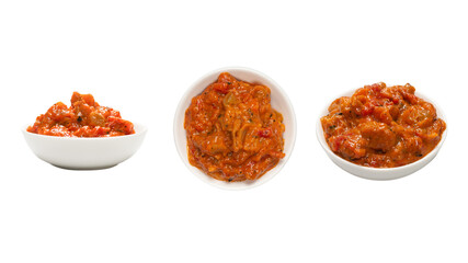 Vegetable stew in a bowl isolated on white background.
