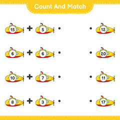 Obraz premium Count and match, count the number of Submarine and match with the right numbers. Educational children game, printable worksheet, vector illustration