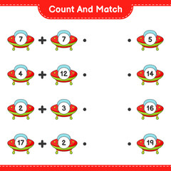 Count and match, count the number of Ufo and match with the right numbers. Educational children game, printable worksheet, vector illustration