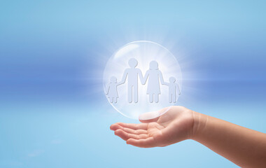 Child's hand holding Family icon in the digital world with care and protection, Financial, security and health care insurance and Housing loan concept.