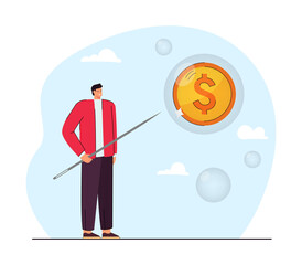 Man piercing bubble with coin flat vector illustration. Happy male person holding needle. Bankruptcy, finance, recession concept for banner, website design or landing web page