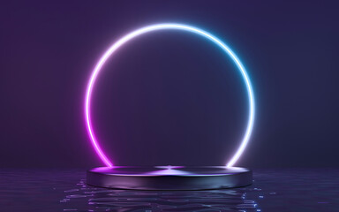 Neon frame sign in the shape with podium and reflection in the water. 3d rendering