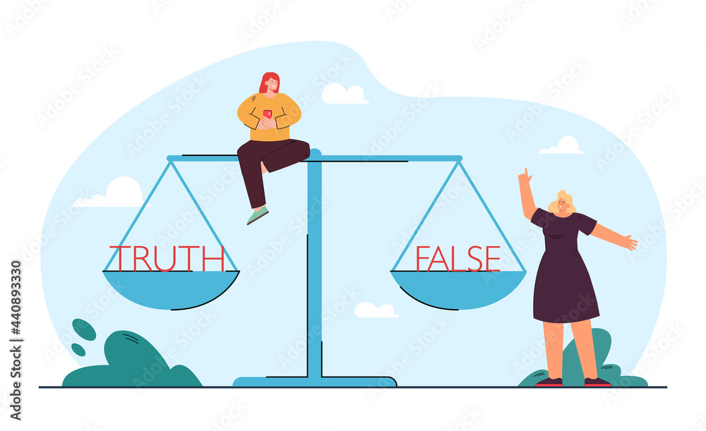 Wall mural Tiny girls choosing between false and truth. Truth and false on huge scales flat vector illustration. Choice, balance concept for banner, website design or landing web page