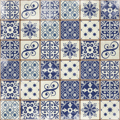 Blue Portuguese tiles pattern grungy background - Azulejos fashion interior design tiles 