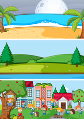 Obraz premium Set of different horizontal scenes background with doodle kids cartoon character