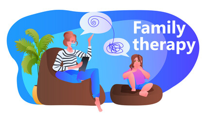 psychologist solving psychological problem of female patient in mask psychotherapeutic counseling