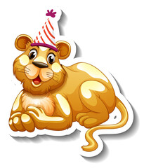 A sticker template with a female lion wearing party hat