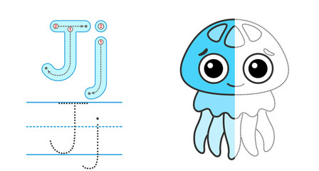 Trace the letter and picture and color it. Educational children tracing game. Coloring alphabet. Letter J and funny Jellyfish