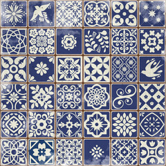 Blue Portuguese tiles pattern grungy background - Azulejos fashion interior design tiles 