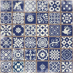 Tapeten Blue Portuguese tiles pattern grungy background - Azulejos fashion interior design tiles  © Wiktoria Matynia