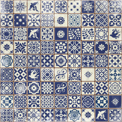 Blue Portuguese tiles pattern grungy background - Azulejos fashion interior design tiles  - obrazy, fototapety, plakaty