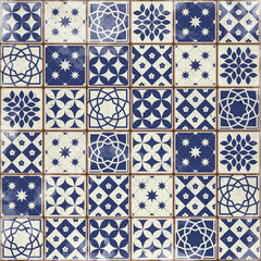 Blue Portuguese tiles pattern grungy background - Azulejos fashion interior design tiles 