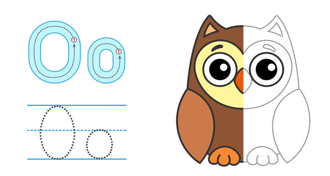 Trace the letter and picture and color it. Educational children tracing game. Coloring alphabet. Letter O and funny Owl