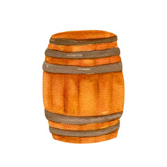 Wooden barrel watercolor for wine or other drinks, color drawing, realistic.