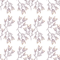 Autumn pattern background with colourful leaves, acorns and flowers, isolated on white. Cut kawaii pattern with seasonal elements in flat style for Thanksgiving, web or print 