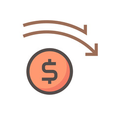 Money coin decrease vector design. That icon, sign or symbol. Consist of round circle coin, dollars currency sign and drop down arrow. Crisis concept for financial, economy, stock or salary. 48x48 px.