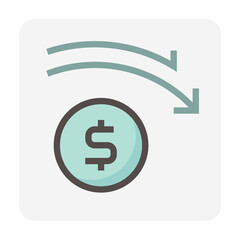 Money coin decrease vector design. That icon, sign or symbol. Consist of round circle coin, dollars currency sign and drop down arrow. Crisis concept for financial, economy, stock or salary. 48x48 px.