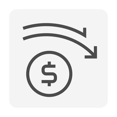 Money coin decrease vector design. That icon, sign or symbol. Consist of round circle coin, dollars currency sign and drop down arrow. Crisis concept for financial, economy, stock or salary. 48x48 px.