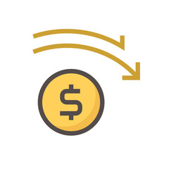 Money coin decrease vector design. That icon, sign or symbol. Consist of round circle coin, dollars currency sign and drop down arrow. Crisis concept for financial, economy, stock or salary. 48x48 px.