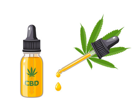 Dropper with cannabidiol oil, CBD bottle for healthcare. Vector illustration cartoon flat icon isolated on white background.