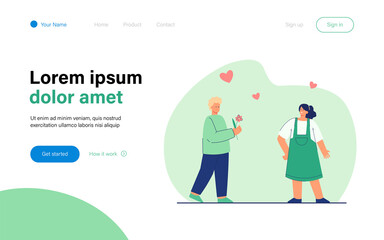 Boy in love giving flower to girl. Flat vector illustration. First school love, romance, cute gesture, attention, sympathy. Love, friendship, romance concept for banner design or landing page