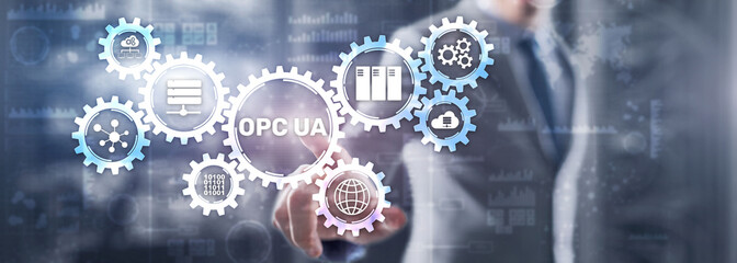 Businessman selecting OPC Unified Architecture. Data Transmission in Industrial Networks concept