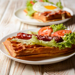 Waffle wholesome breakfast. Sour waffles with grilled sausages, fried eggs, delicious sauce and fresh vegetables.