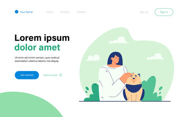 Cartoon woman stroking happy dog. Flat vector illustration. Female owner showing tenderness to her pet and petting it with love. Animal, pet, care, love concept for banner design or landing page