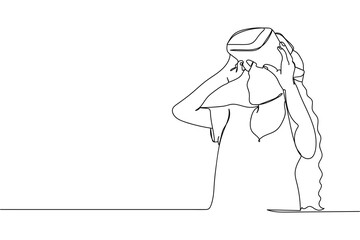 Continuous one line of a girl to use vr headset in silhouette on a white background. Linear stylized.Minimalist.