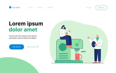 Tiny people making coffee. Male character holding coffee bean, female sitting on coffeemaker. Talking to each other. Coffee break concept for banner, website design or landing page