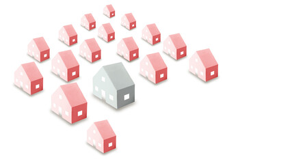 Fototapeta na wymiar The concept of mortgage and rental housing and real estate. Mortgage credit lending. Multicolored paper mock-ups houses on a white isolated background. Banner format. Copy space.