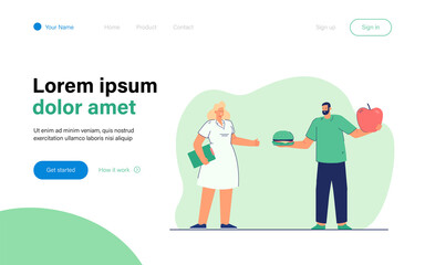 Man choosing between junk and healthy food. Flat vector illustration. Cartoon man holding giant apple and burger while standing next to doctor. Food, diet, health, medicine concept for banner design