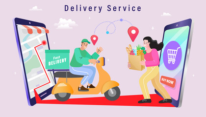 Ecommerce concept. Online shopping. Online delivery service concept. Fast delivery by scooter via mobile phone. Man riding scooter. Vector illustration.
