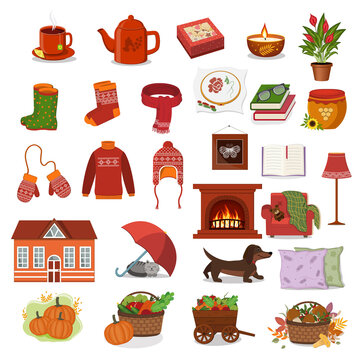 Large autumn set with elements of autumn, comfort and warmth, color vector illustration in the cartoon style