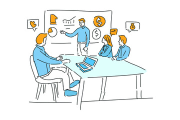 business team meeting for strategy hand drawn illustration