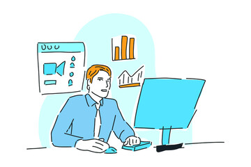 Fototapeta na wymiar man working online business drawn illustration