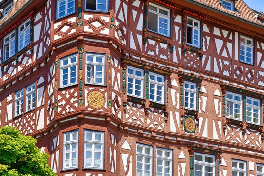 Mosbach, Germany - June 2021: Corner of facade of old historic timber framing building called 'Palmsche Haus' built in 1610