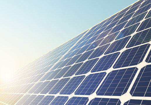 Solar panels for generating electricity against a blue sky. 3d render.
