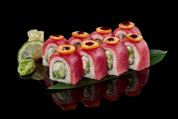 Philadelphia rolls with tuna, kumquat and unagi sauce